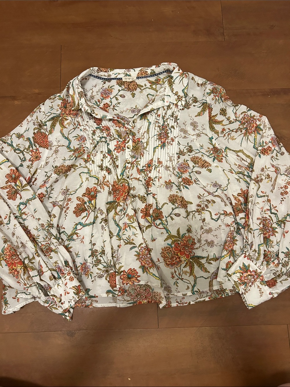 Pilcro White Floral Pintuck Blouse with Orange & Green Accents